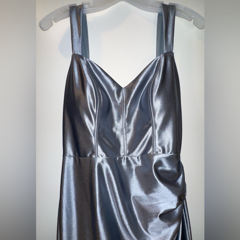 David’s Bridal Galina Signature Dusty Blue Sculpting Satin Tank Dress Size 8 - Picture 5 of 16